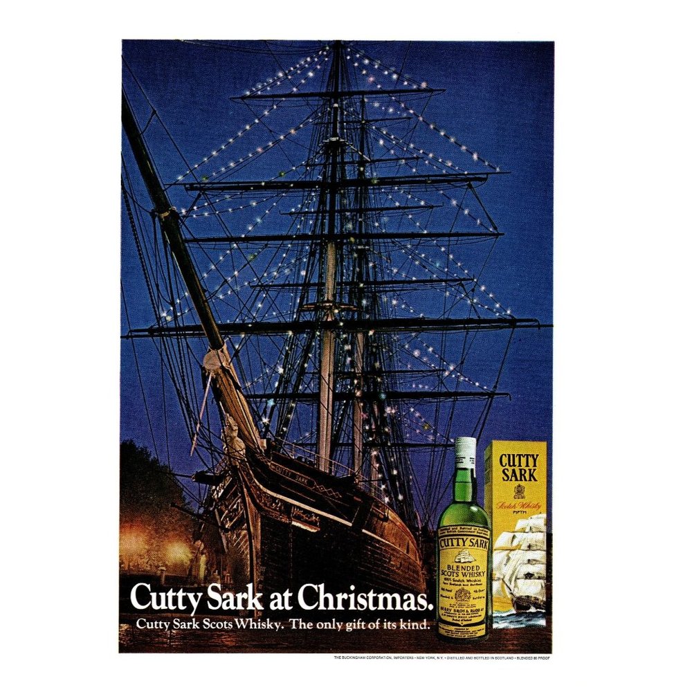 1972 Cutty Sark Scotch at Christmas Vintage Print Ad Clipper Ship Lights Rigging